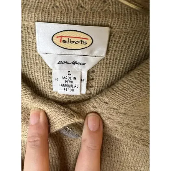 Talbots Vintage Size L Beige 100% Alpaca Knit Long Cardigan Collared Duster